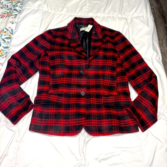 NWT Talbots Blazer Jacket Wool Blend Buffalo Plaid Red Winter Holiday Size 14 - Picture 1 of 8